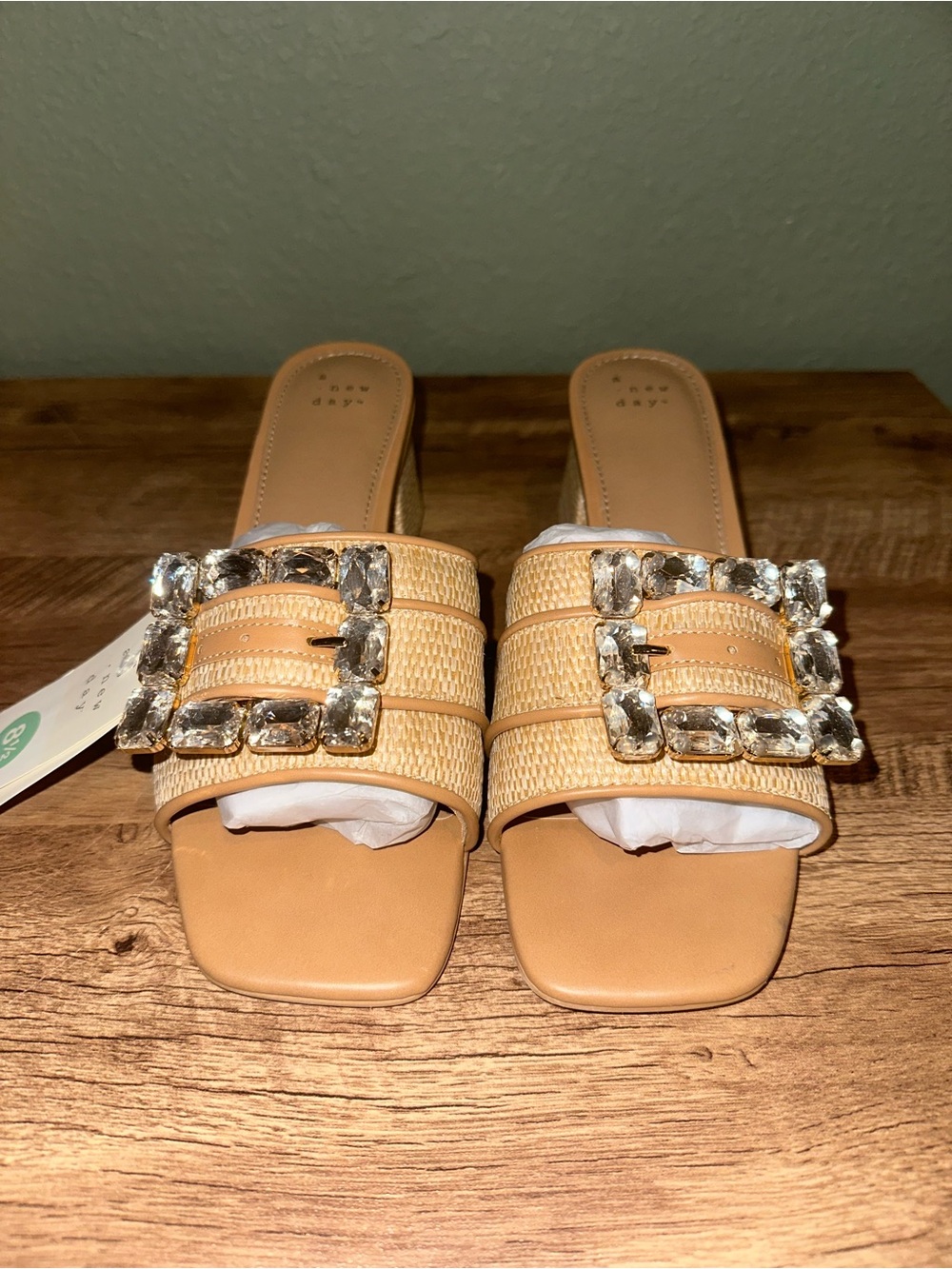a new day Beige Woven Block Heel Mules with Crystal Buckles - Picture 3 of 8